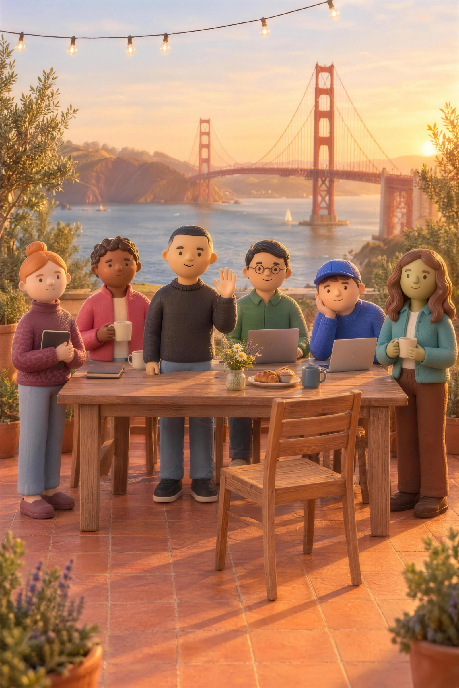 The Vestra team at a table on a San Francisco rooftop at golden hour, the Golden Gate Bridge behind them, Bash waving hello and one chair pulled out, empty