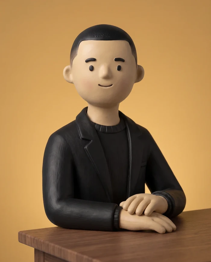 Bash, a ceramic figurine in a black blazer, seated at a walnut desk