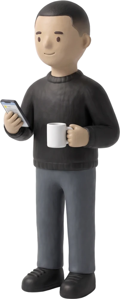Bash, with a coffee and his phone