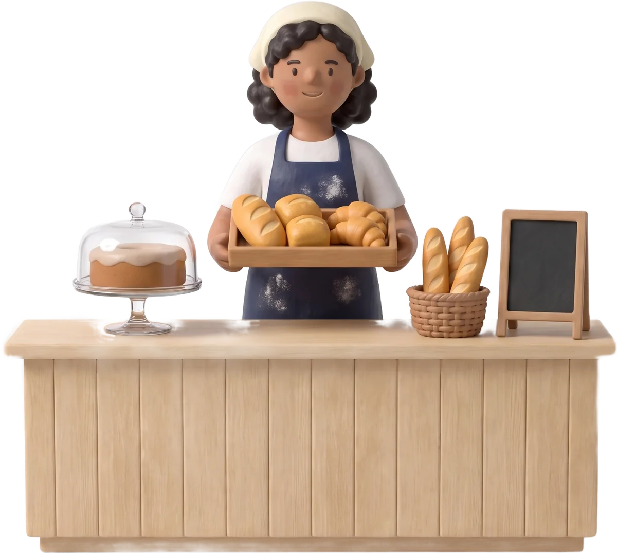 Rosa behind her bakery counter with a tray of fresh loaves